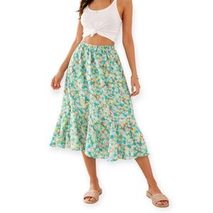 Vintage Y2K Boho Sheer Crinkle Midi Skirt Watercolor Print Flowy Flare Hem 12